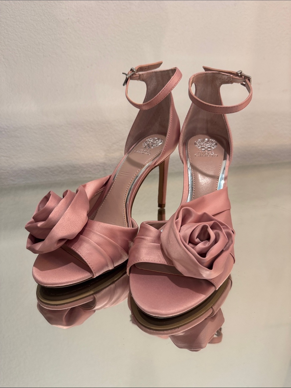 Pink Satin Ankle-Strap Heels with Rose Detail